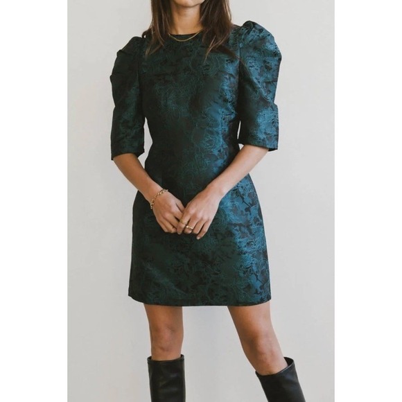 Bohme Dress Women XL Teal Floral Romantic Retro Brocade Wedding Puff Sleeve Midi - Picture 1 of 11
